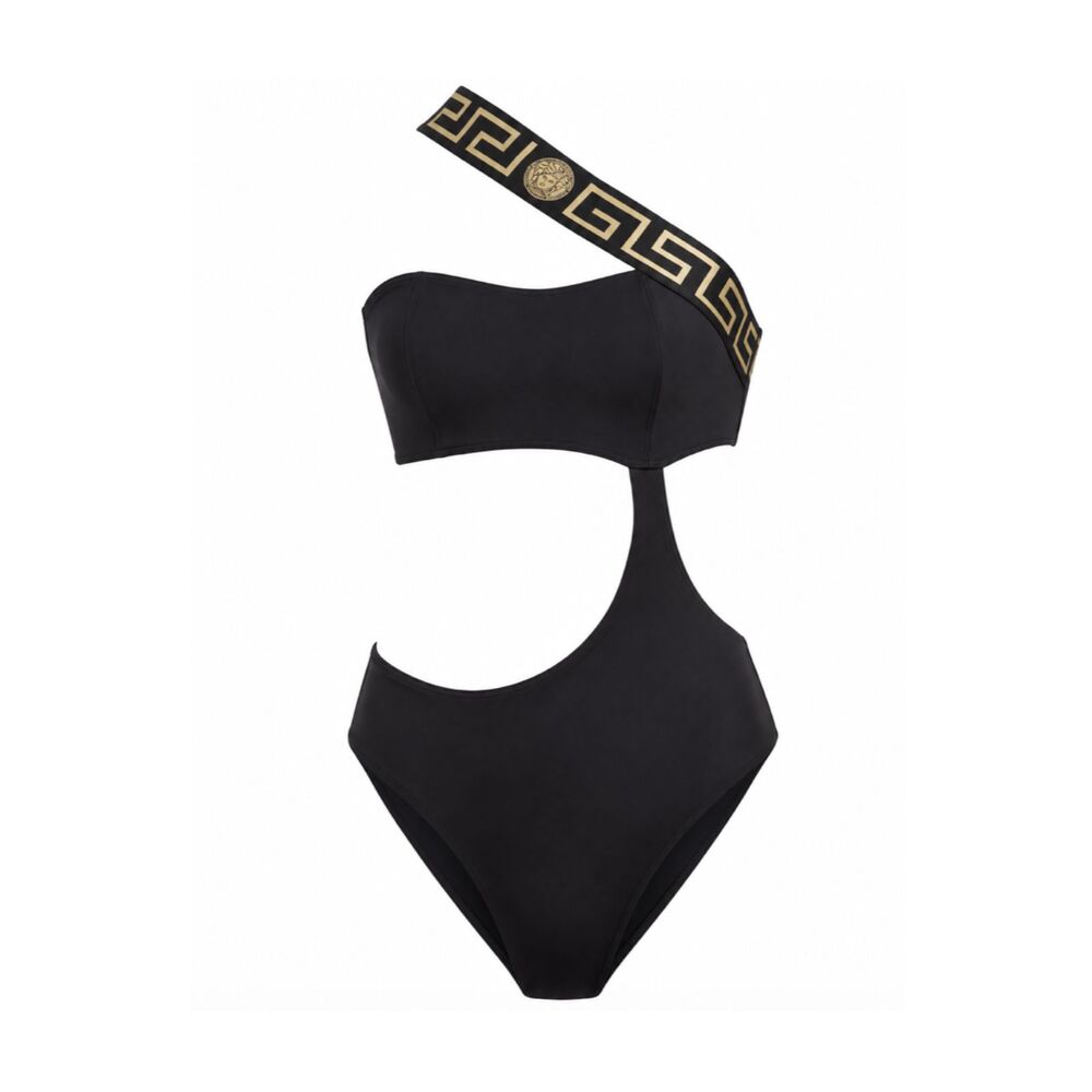 Versace Black One-Shoulder Cutout Greca Swimsuit
